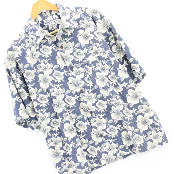 Vintage Pacific Scene Hawaiian Shirt Blue Button Down Short Sleeve Cotton Size L - Picture 2 of 7